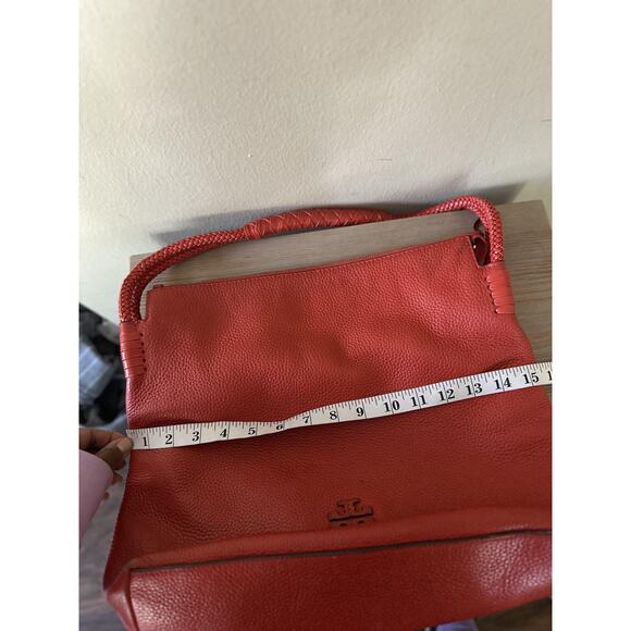 Tory Burch Leather Shoulder Bag Womens Red Braided Handle Hobo Pebbled Logo Zip - Picture 12 of 12